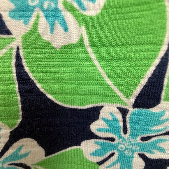 T by Talbots Blue Green Hawaiian Print Dress Tie Waist Navy Trimmed Caged Back - Picture 6 of 16